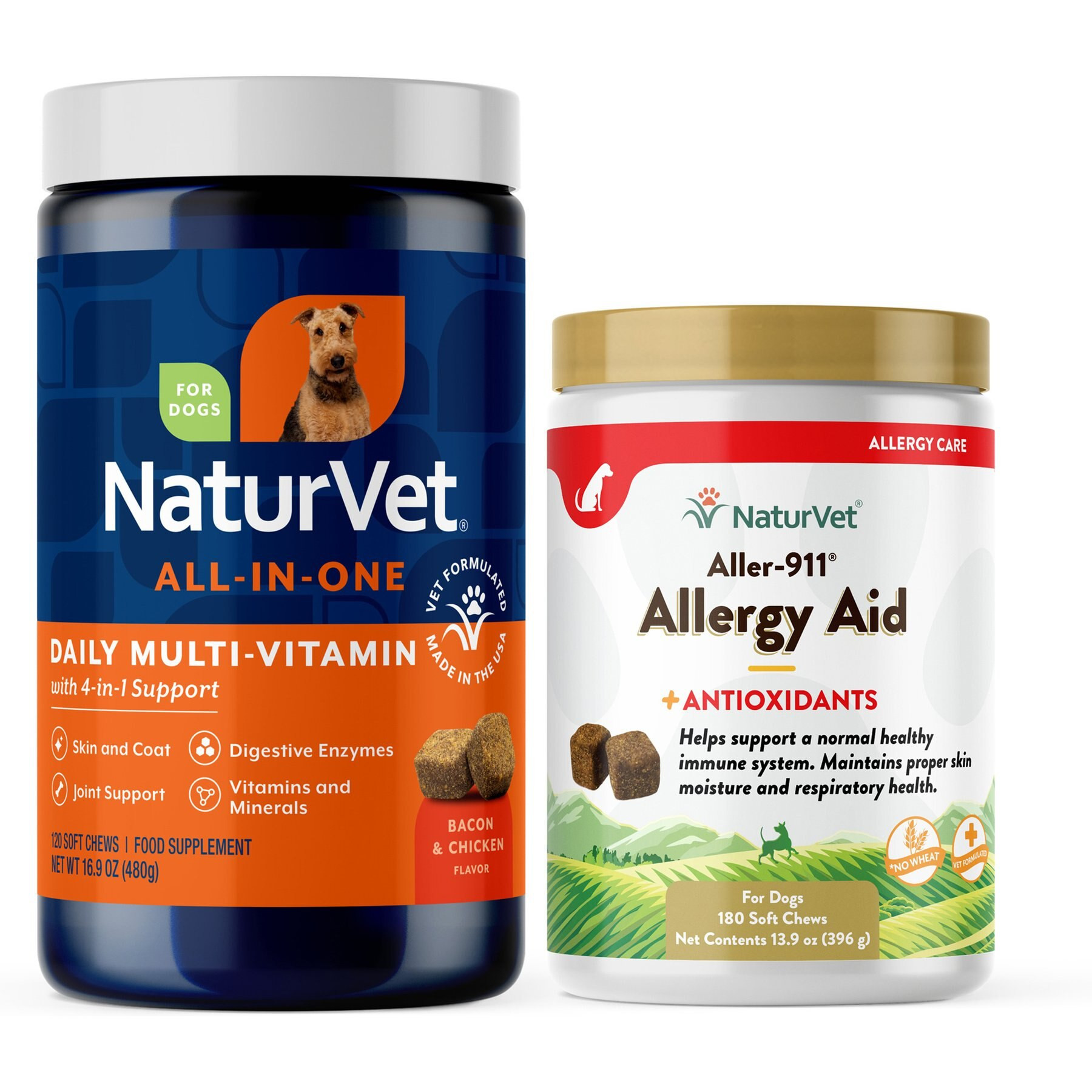 NaturVet All-In-One Support Soft Chews Dog Supplement, 120 count + NaturVet Aller-911 Allergy Aid Plus Antioxidants Cat & Dog Soft Chews, 180 count | Chewy