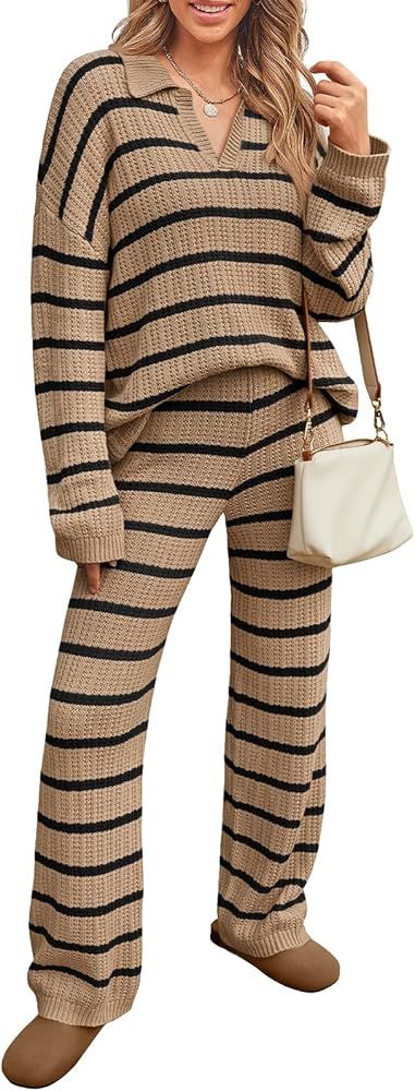 LILLUSORY Womens 2 Piece Lounge Sweater Sets Crochet Striped V Neck Sweaters and Pants Matching S... | Amazon (US)