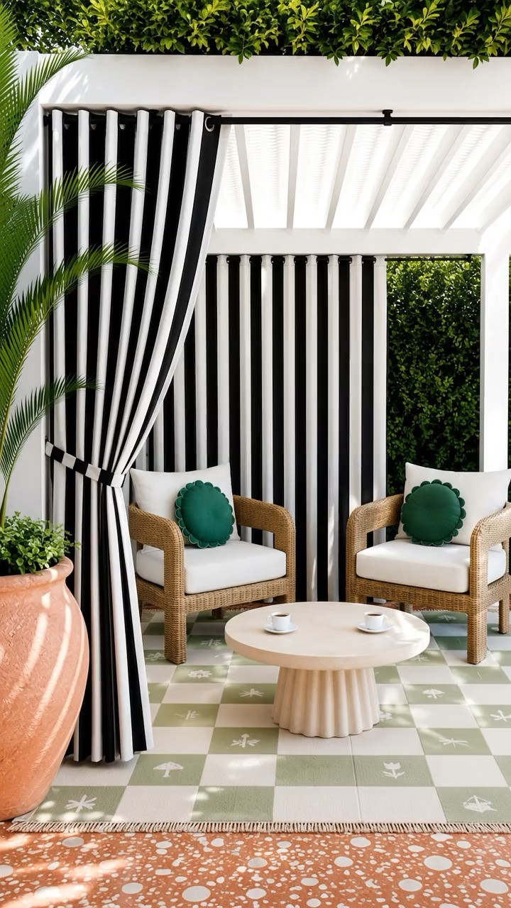 Morning coffee moments just hit different when your backyard feels like a boutique resort. ☀️☕

I love how these Sunbrella® black-and-white striped outdoor curtains instantly create the mood. The durable outdoor fabric has a beautiful weight and structure, adding that polished resort feel while bringing timeless coastal character to the space.

Paired with these woven rattan lounge chairs from Lulu and Georgia—currently on sale—and this sculptural stone coffee table, the whole setup feels warm, relaxed, and inviting. The playful geometric green rug adds just the right amount of color and personality.

The perfect outdoor spot to slow down, sip your morning espresso, and enjoy the sunshine.#MorningCoffee #OutdoorLiving #BackyardDesign #CoastalChic #ResortStyle #Sunbrella #OutdoorCurtains #StripedCurtains #RattanLoungeChair #CoffeeTable #OutdoorRug #LuluandGeorgia #PatioDecor

#LTKHome #LTKSaleAlert #LTKdayinmylife #LTKHome #LTKSaleAlert