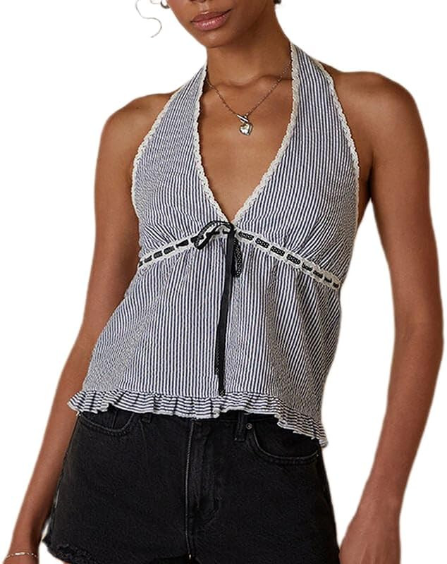 Women Striped Print Halter Top Bow Tie Adjustable Elasticity Backless Tank Top Summer Lace Trim B... | Amazon (US)