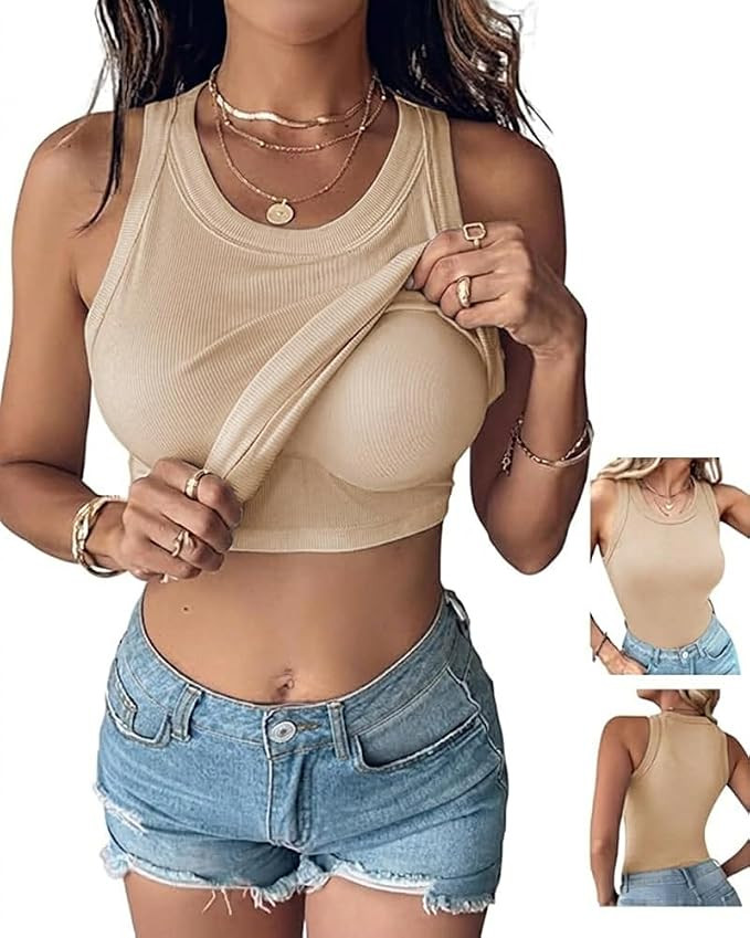 CHICME Women Built-in Bra Tank Tops Sleeveless Casual Shirts Racerback Ribbed Fitted Tank Tops | Amazon (US)