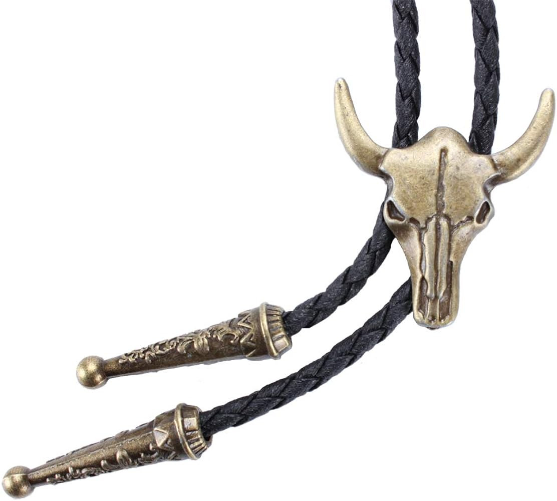 Western Vintage Bolo Tie for Men - Cow Skull Design Cowboy Tie - Black Leather Bolo Necktie Neckl... | Amazon (US)