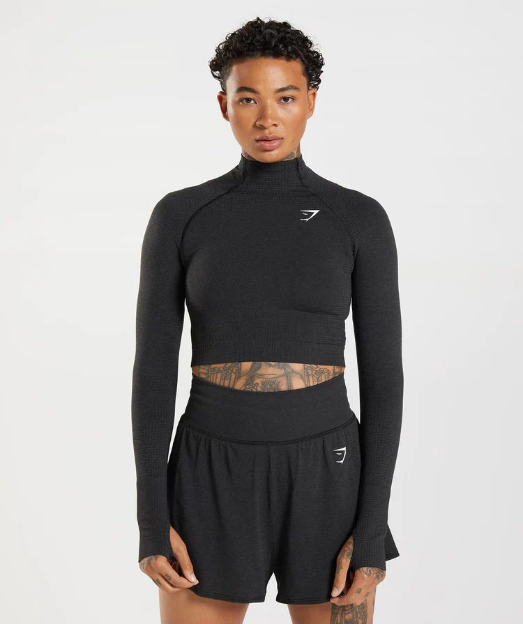 Gymshark Vital Seamless 2.0 High Neck Midi Top - Black Marl | Gymshark (Global)