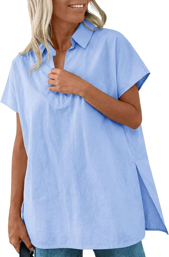 Tankaneo Womens Oversized Polo Shirts Summer Short Sleeve V Neck Cotton Collared Tops Side Slit L... | Amazon (US)