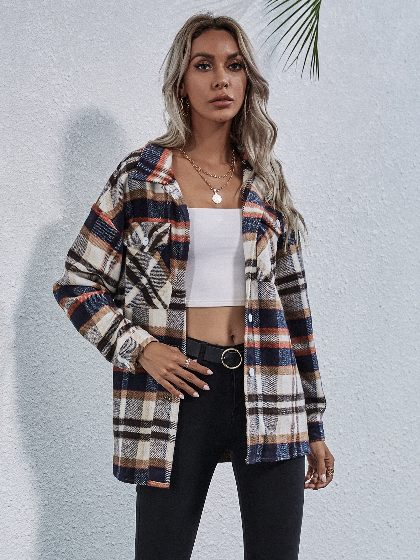 Double Flap Pocket Plaid Overcoat | SHEIN