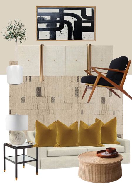 Eclectic modern living room decor mood board. Virtual interior design. Vintage MCM wood chair and affordable couch. 

#LTKhome