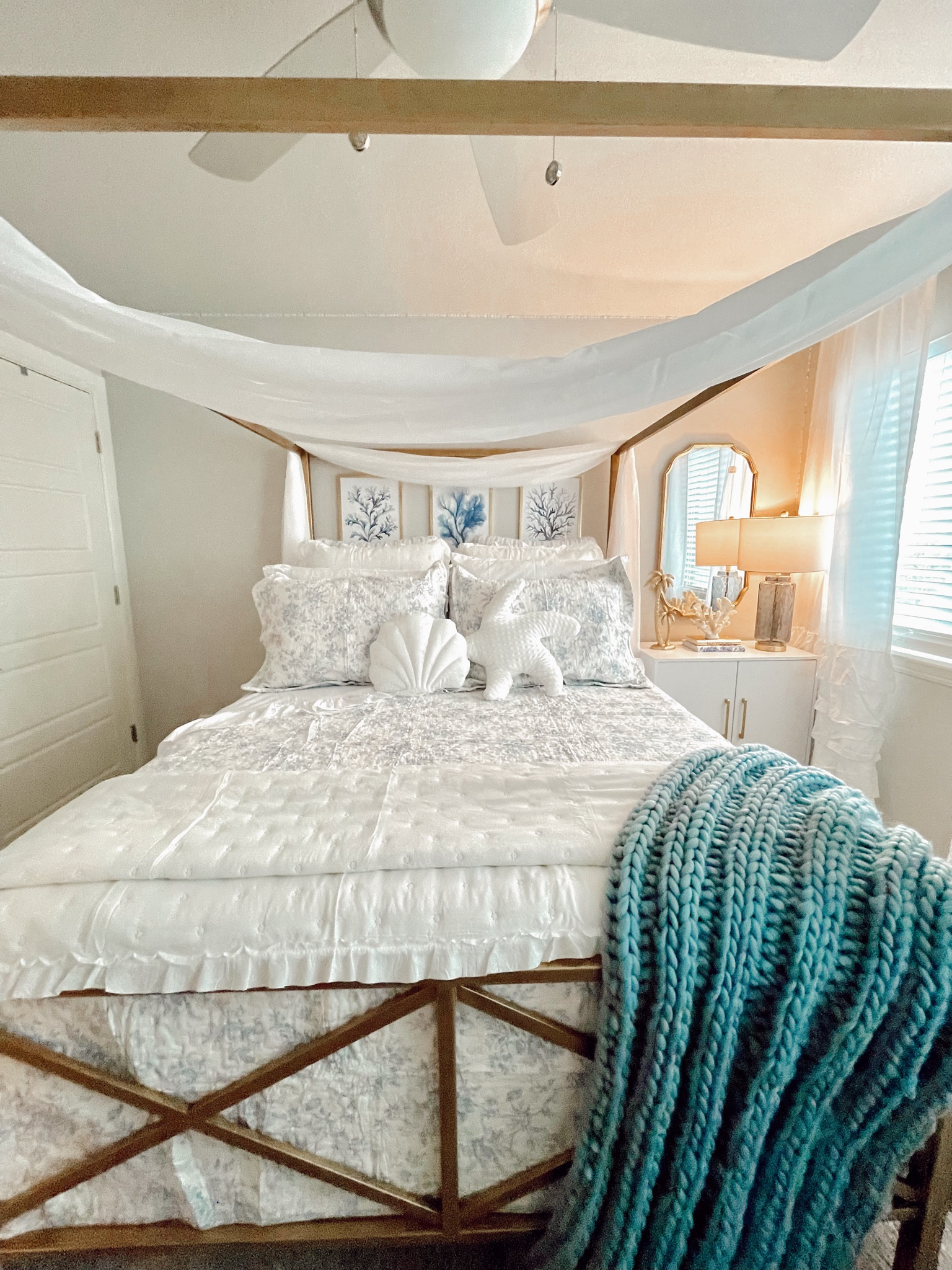 Coastal bedroom, bedding , sheets , teen bedroom, curtains, palm tree decor , books , home decor, furniture, table , chest , pillows 

#LTKhome