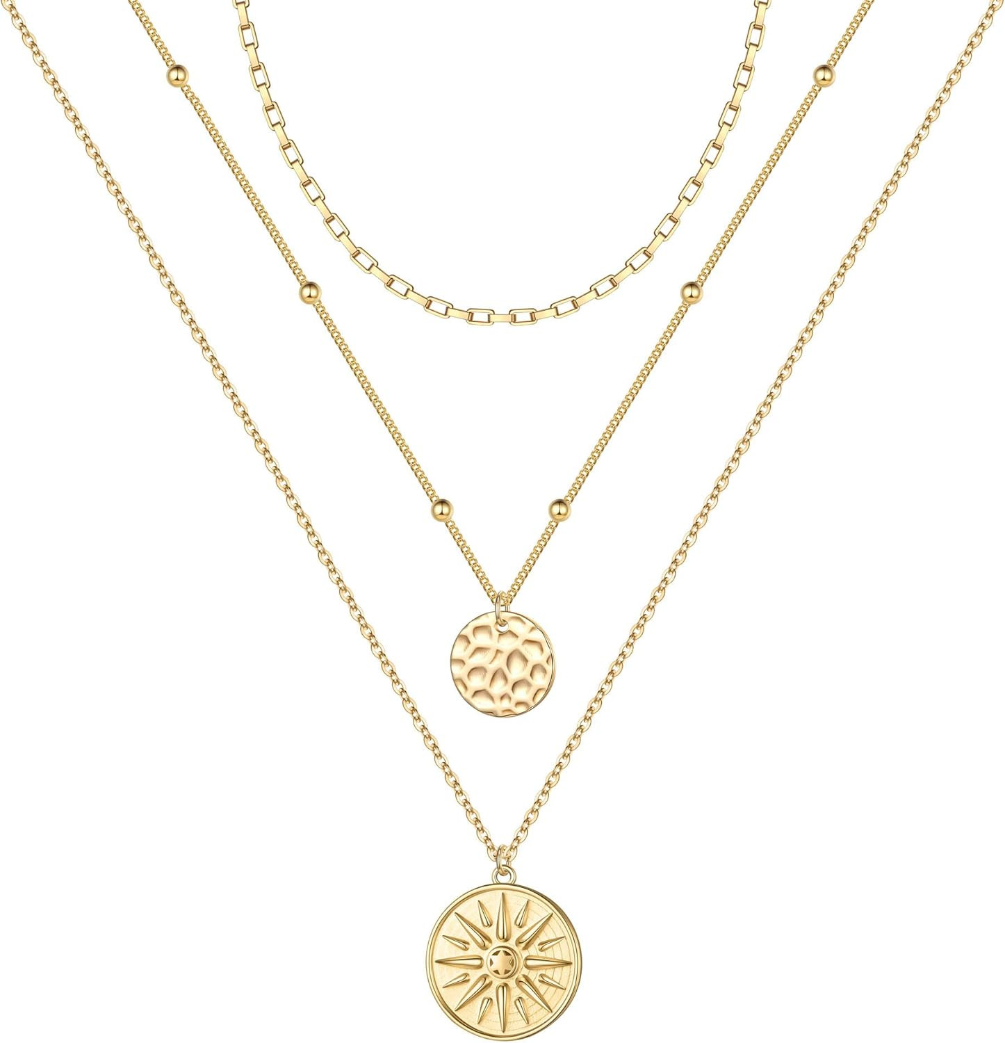 Turandoss Gold Layered Necklaces for Women - 14K Gold Plated Handmade Multilayer Bar Pearls Coin ... | Amazon (US)