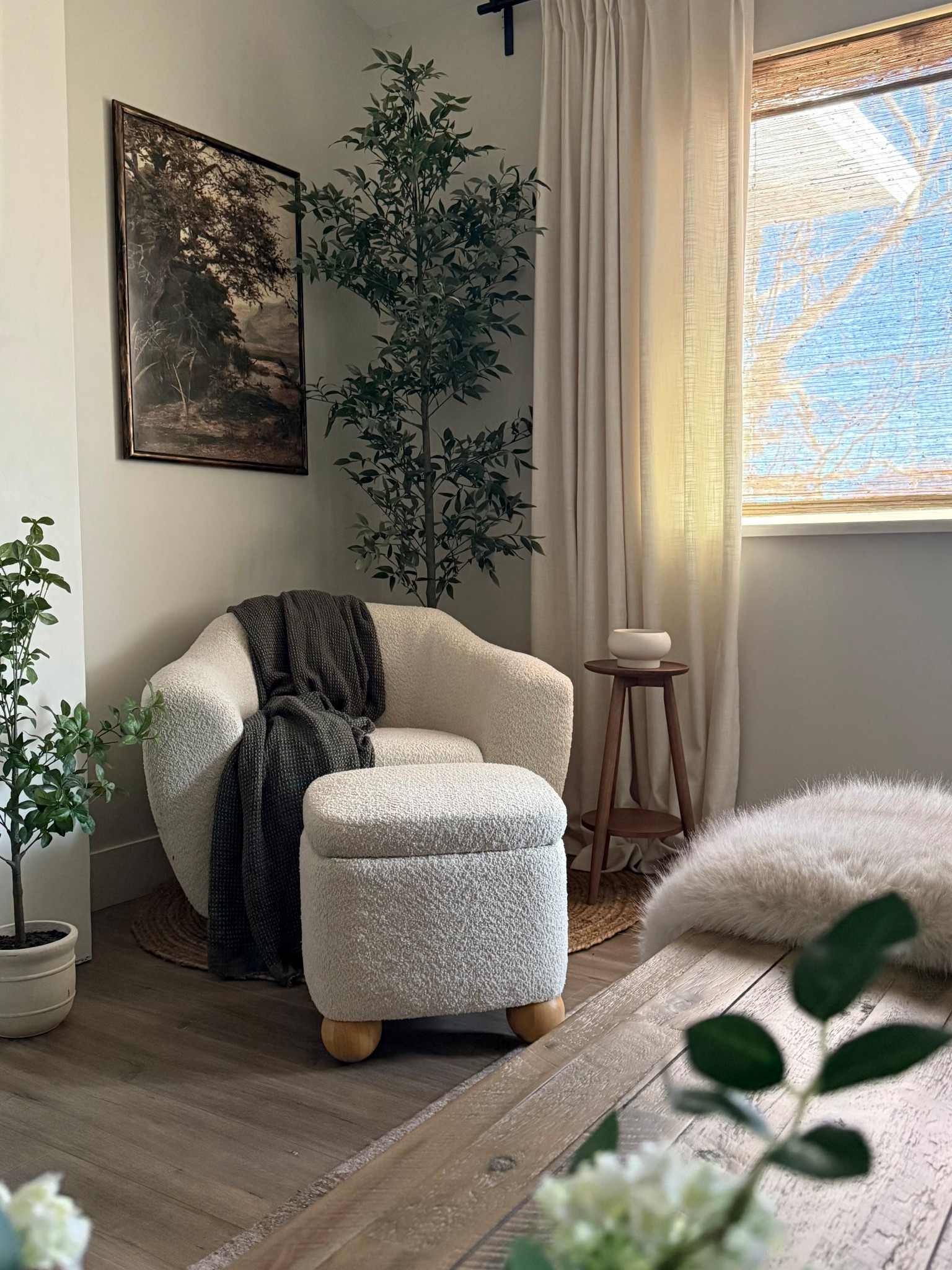 Cozy bedroom corner✨
Love this Boucle chair and ottoman..on the smaller size and just perfect here! 
