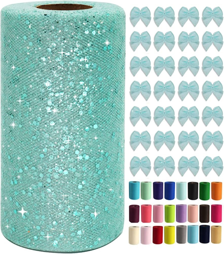 Aqua Blue Glitter Tulle Rolls 6 Inch by 50 Yards Sequin Tulle Fabric Ribbon for DIY Tutu Skirt Gi... | Amazon (US)
