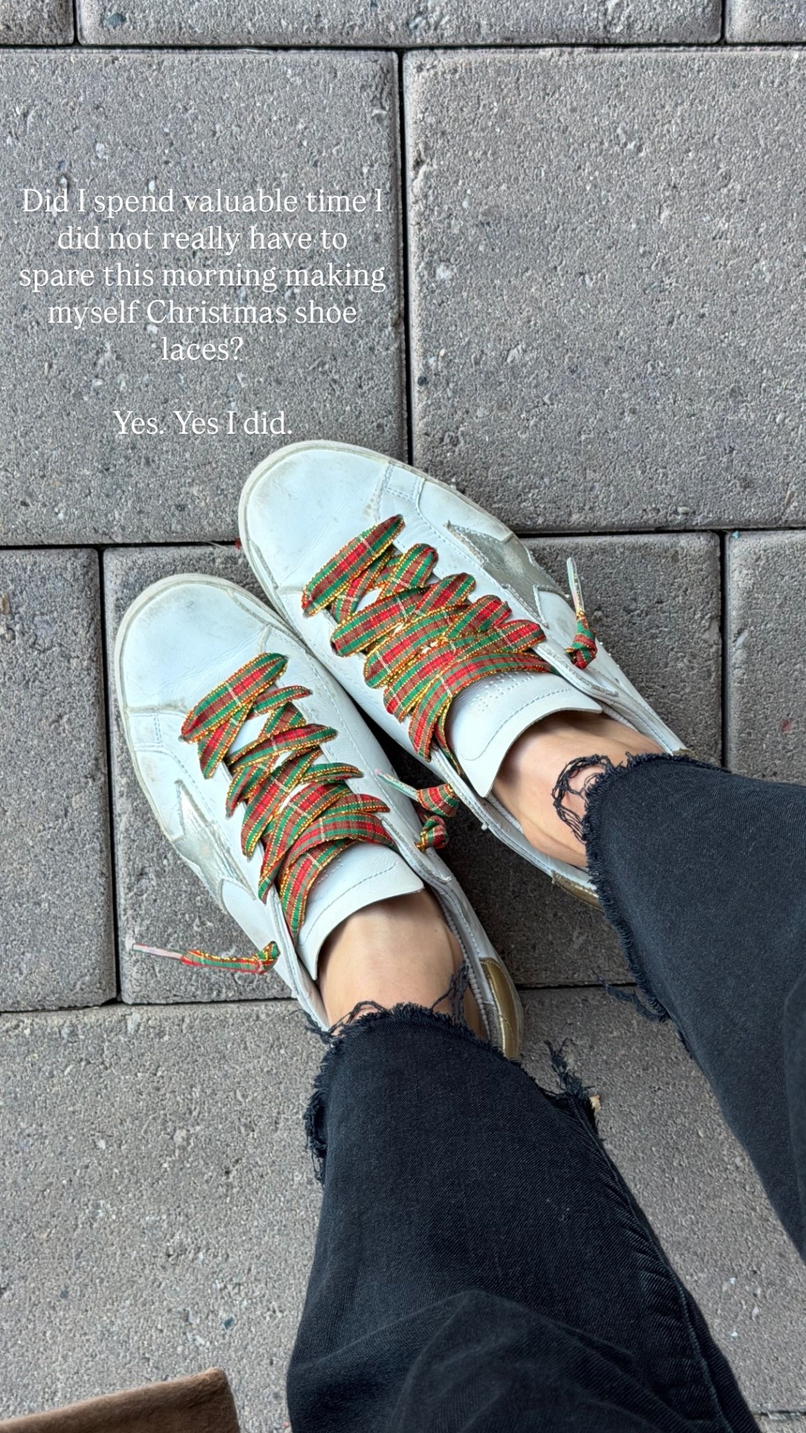 Did I spend valuable time I did not really have to spare this morning making myself Christmas shoe laces? 

Yes. Yes I did.