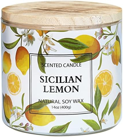 Lemon Candle, Sicilian Lemon Scented Candle, Large 3 Wicks Candle, 14 oz | Amazon (US)