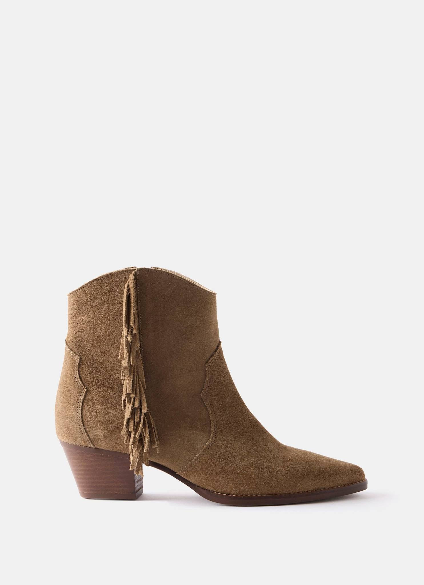 Frankie Neutral Suede Fringe Ankle Boots | Mint Velvet
