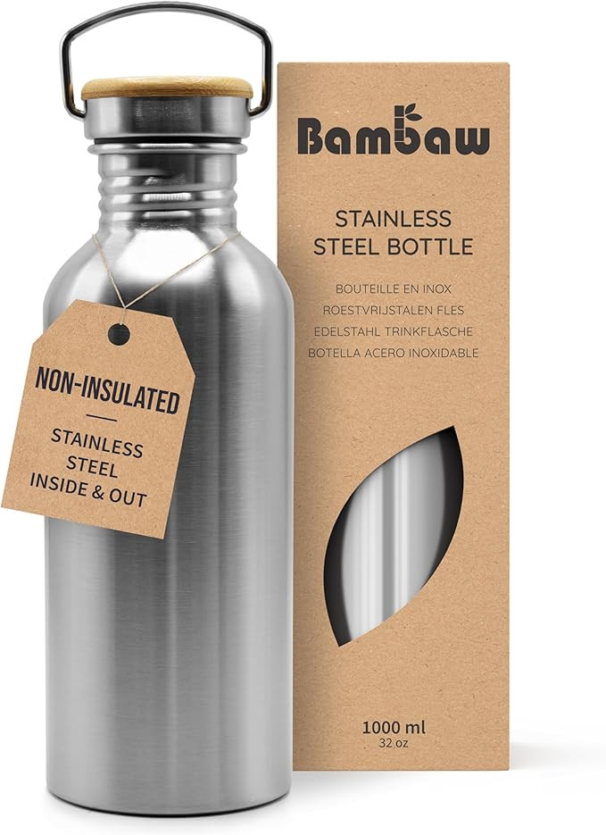 Bambaw Stainless Steel Water Bottles 32 oz, Non-insulated Single Wall Metal Water Bottle Stainles... | Amazon (US)