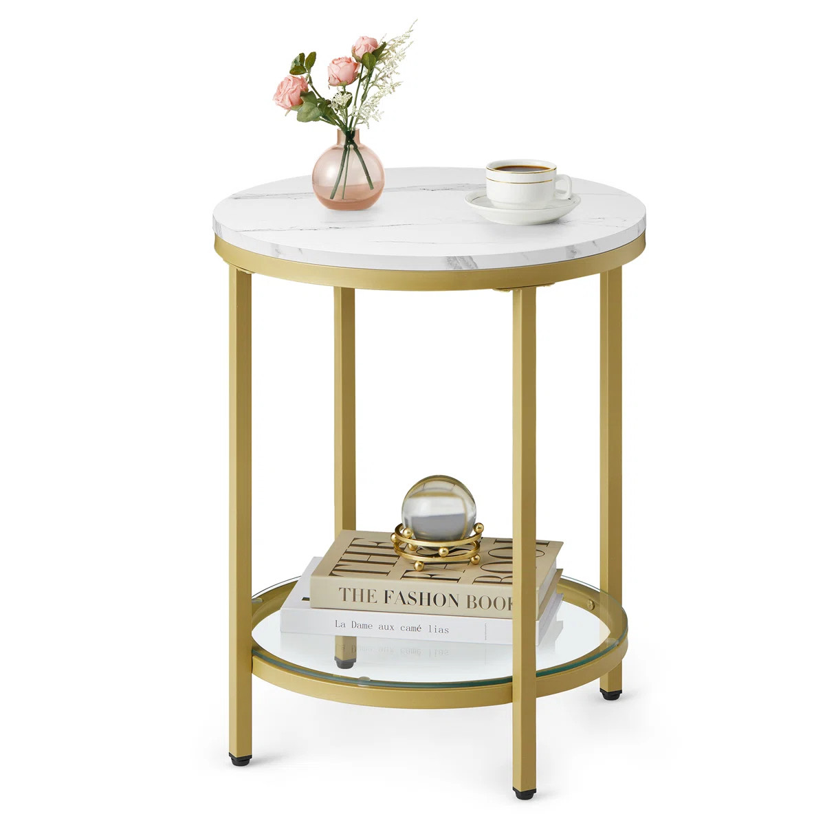 Round Faux Marble End Table with Glass Shelf | Wayfair North America