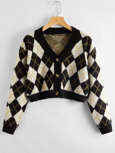 SHEIN Button Up Argyle Crop Cardigan | SHEIN