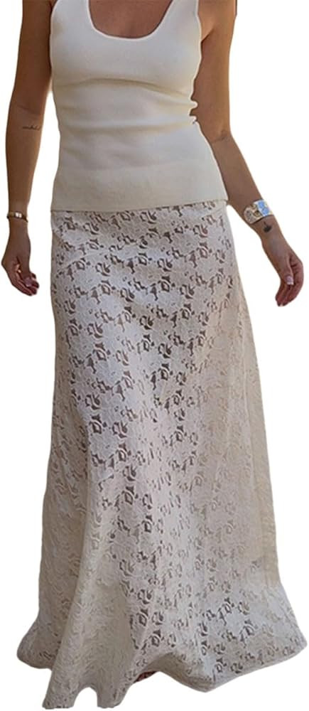 Womens Skirts Lace See Through Solid Long Maxi Skirt High Waist Casual Vacation Skirts for Women ... | Amazon (US)