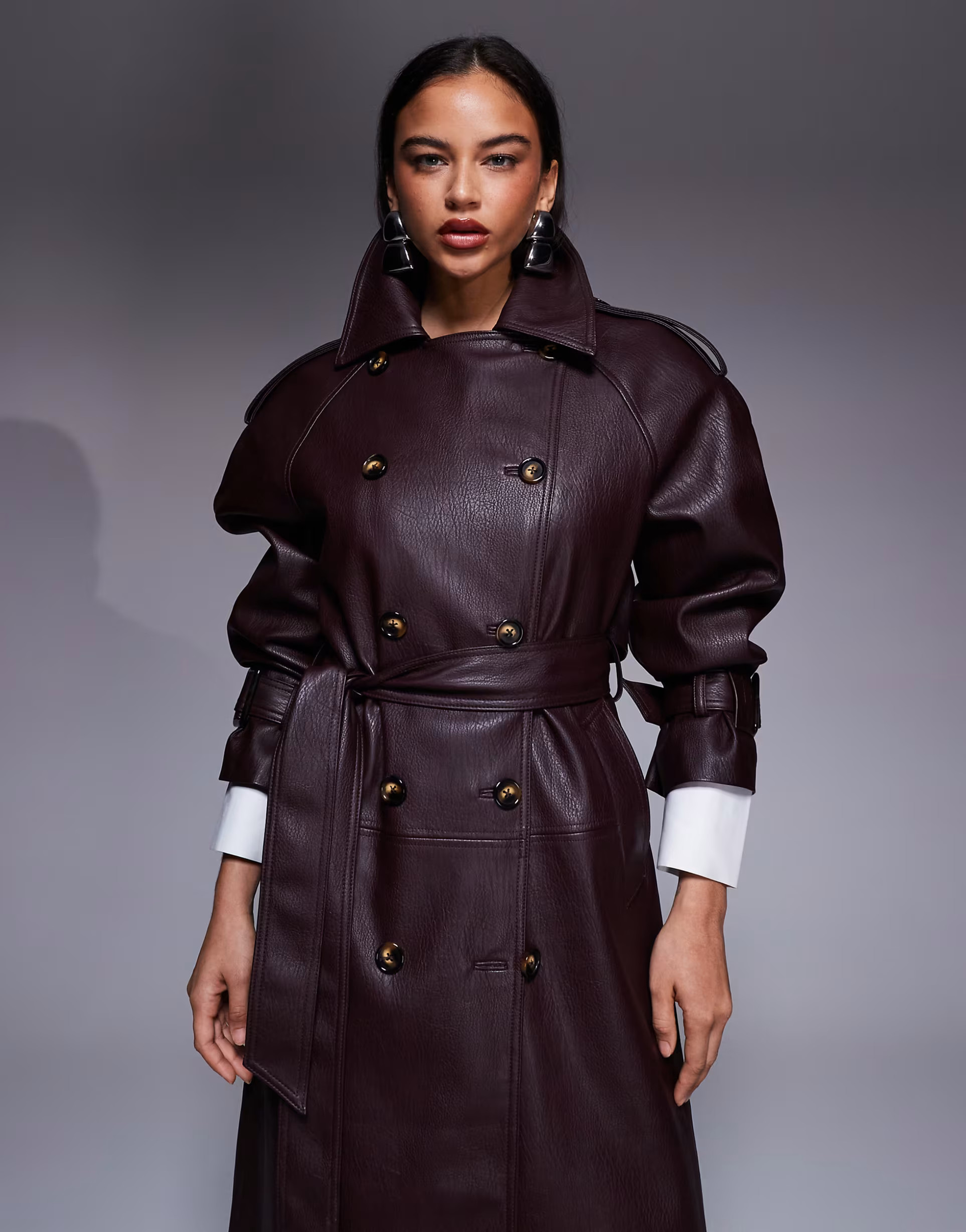 ASOS X THE SOURCED COLLECTION faux leather pebbled trench coat in burgundy | ASOS (Global)