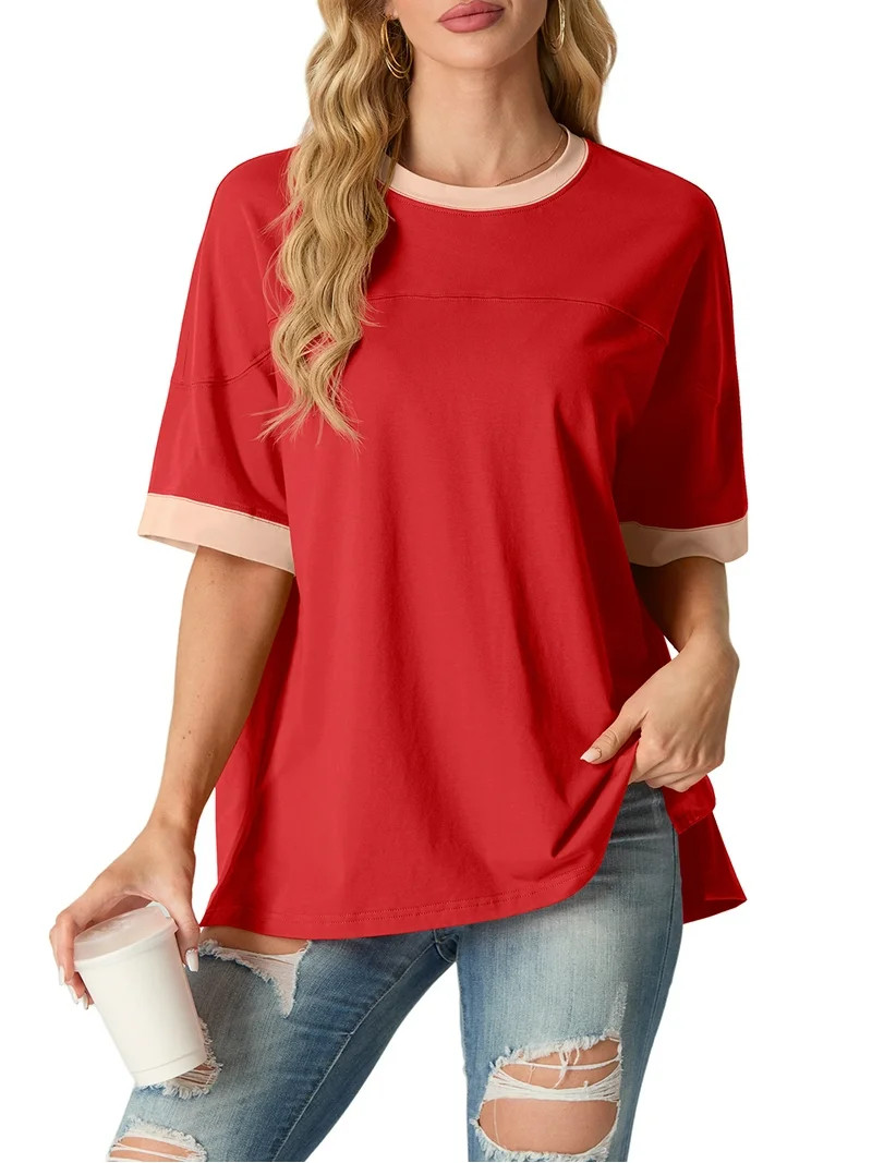JWD Women's Top Short Sleeved T-Shirt Round Neck Casual Blouses Patchwork Split Hem Tee Top Orang... | Walmart (US)