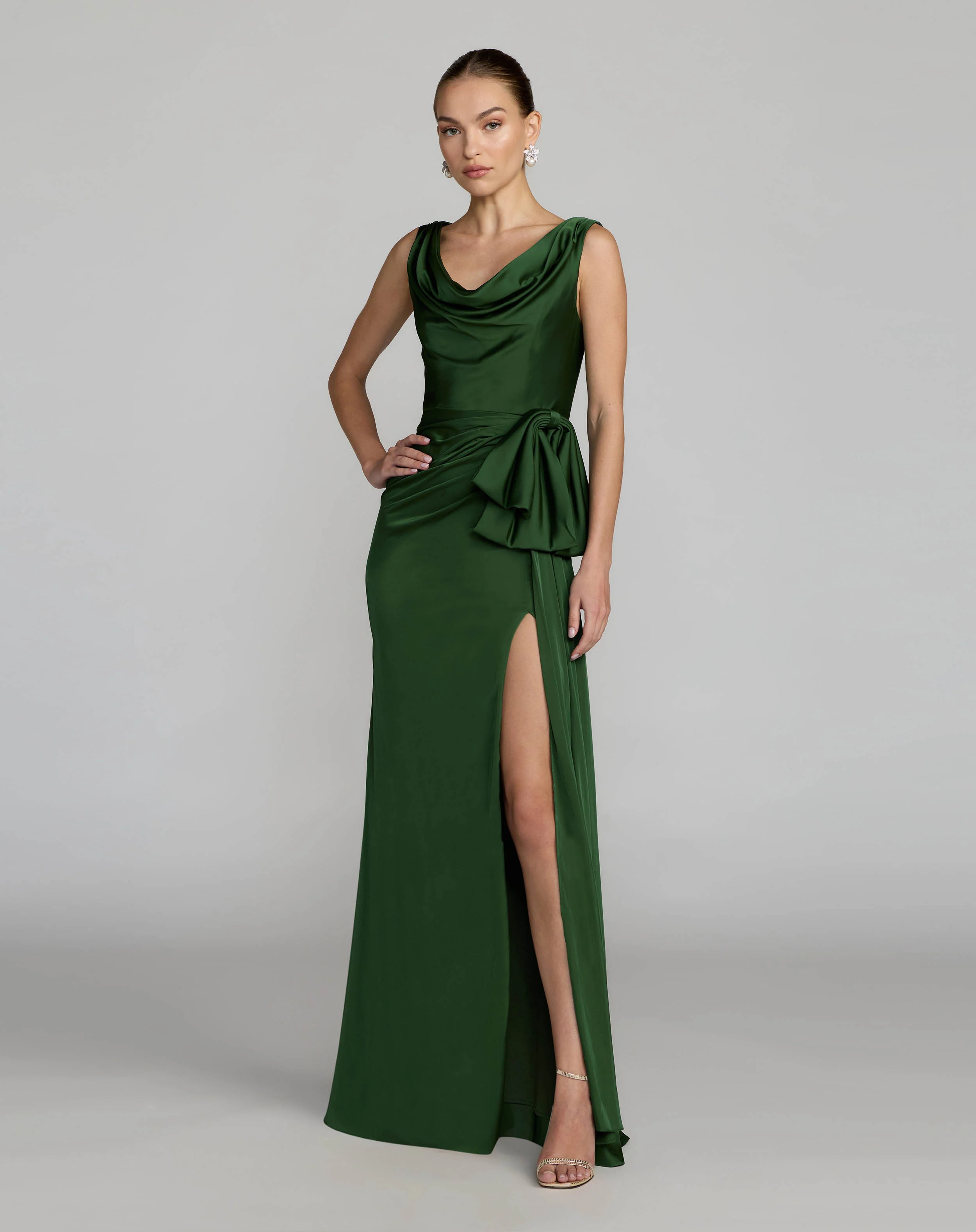 Green Draped Cowl Neck Gown With Side Slit | Mac Duggal | Mac Duggal