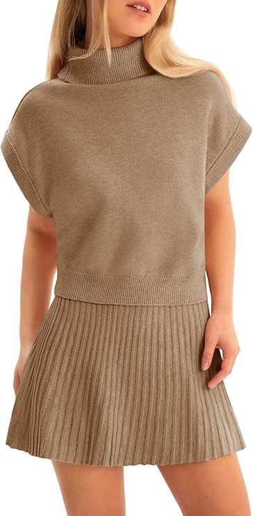 Tankaneo Womens Skirt 2 Piece Sets Sweater Set 2025 Turtleneck Cap Sleeve Crop Top and Pleated Mi... | Amazon (US)