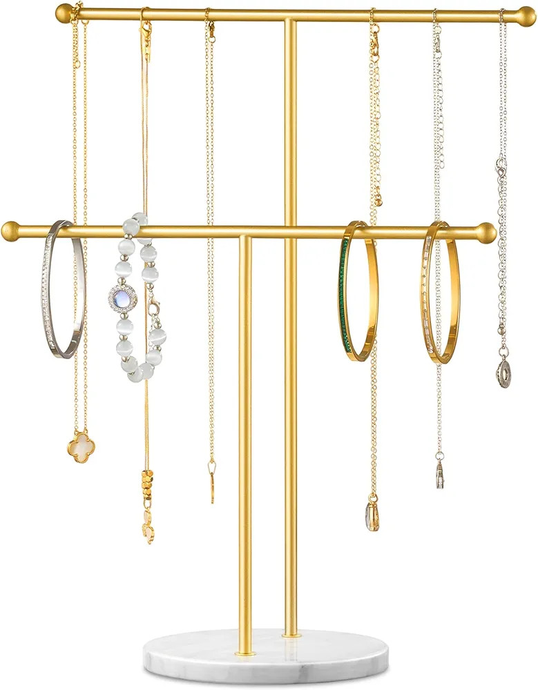 pickpiff Necklace Holder Stand: 2 Tier Jewelry Organizer with Marble Base, Gold Jewelry Tree Disp... | Amazon (US)