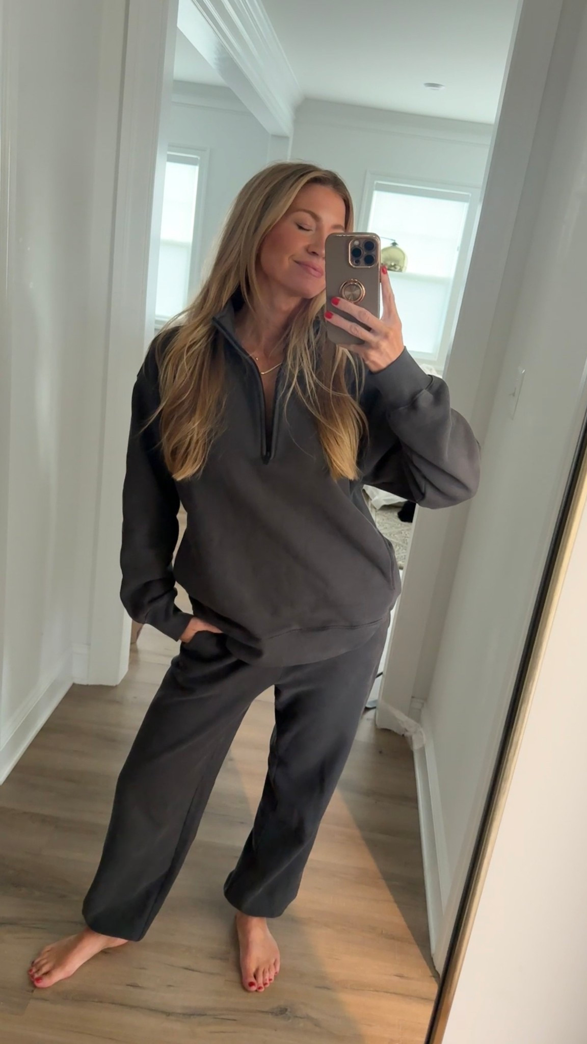 Nap time!!! Iove this cozy sweat set for a lazy Sunday. 
Half zip sweatshirt: color is ‘vintage black’, runs oversized, wearing a S
Jogger sweatpants: run TTS, wearing a S 

#LTKHoliday #LTKGiftGuide #LTKTravel