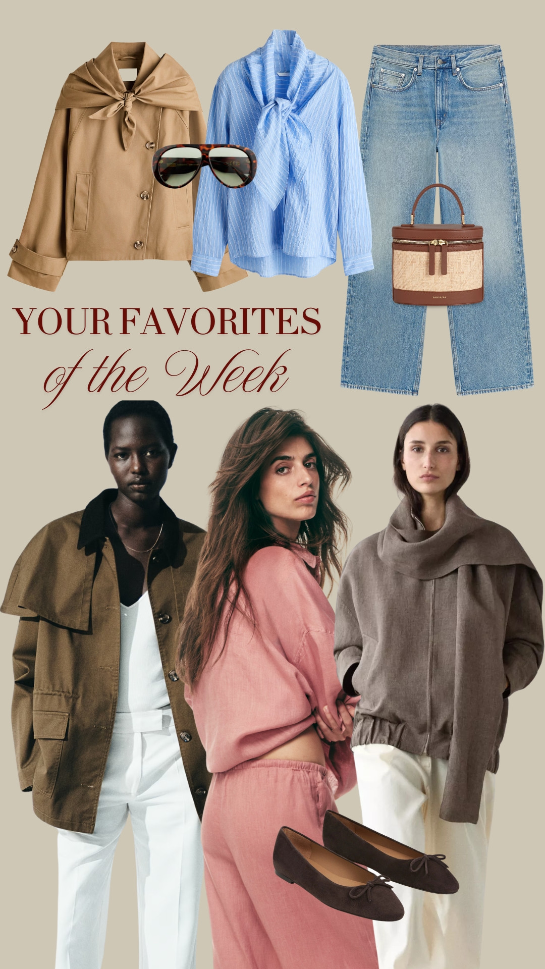 BESTSELLERS OF THE WEEK ✨ Your most loved spring pieces of the week ✨ TAGS: viral khaki jacket H&M, khaki cape jacket, blue scarf blouse, blue wide leg jeans, coral jeans Arket, brown leather ballet flats, brown sunglasses, brown suede leather bag Flattered, Prismatic Palma & Chocolate Bag by PARIS/64, scarf cropped trench beige, scarf jacket Massimo Dutti, blush linnen trousers & shirt, ballet flats 

 #LTKspring #LTKshoes #LTKbag