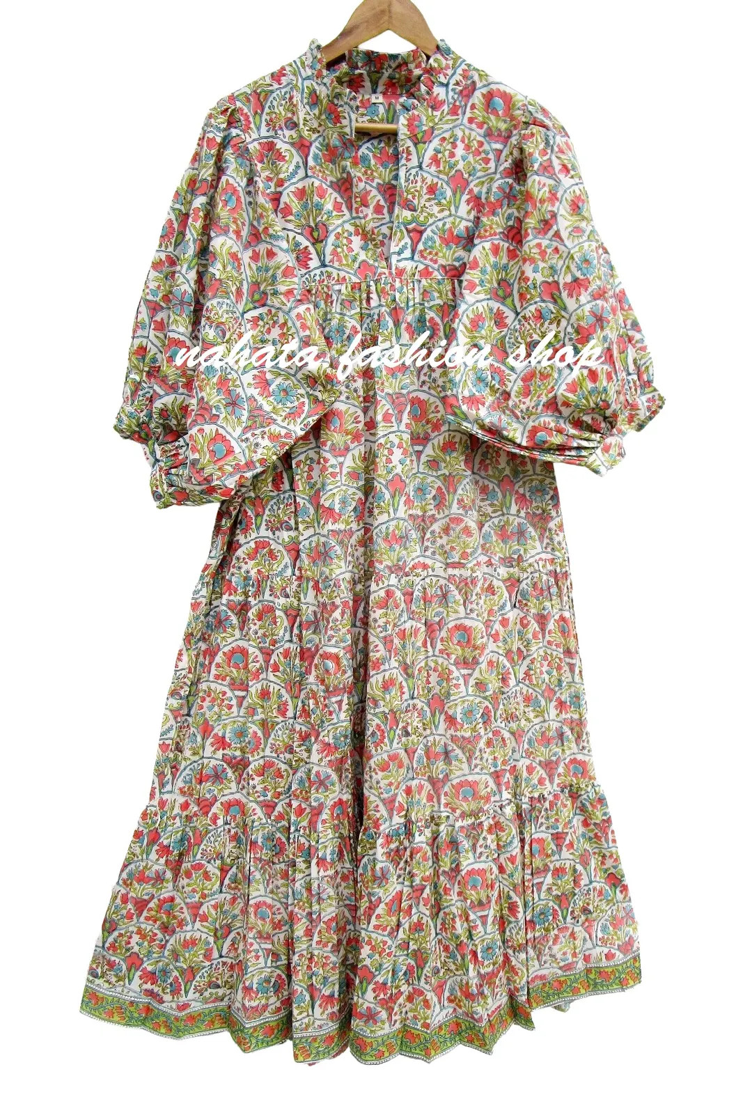 Green Pink Floral Printed Cotton Long Maxi Dress - V Neckline Maxi Dress - 3/4th Sleeve With Butt... | Etsy (US)