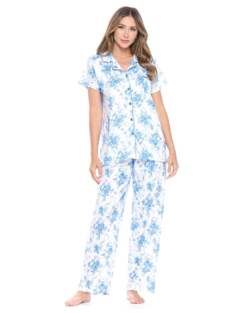 Casual Nights Women's Short Sleeve Long Pants Pajamas Set Floral Sleepwear & Loungewear Button Do... | Amazon (US)