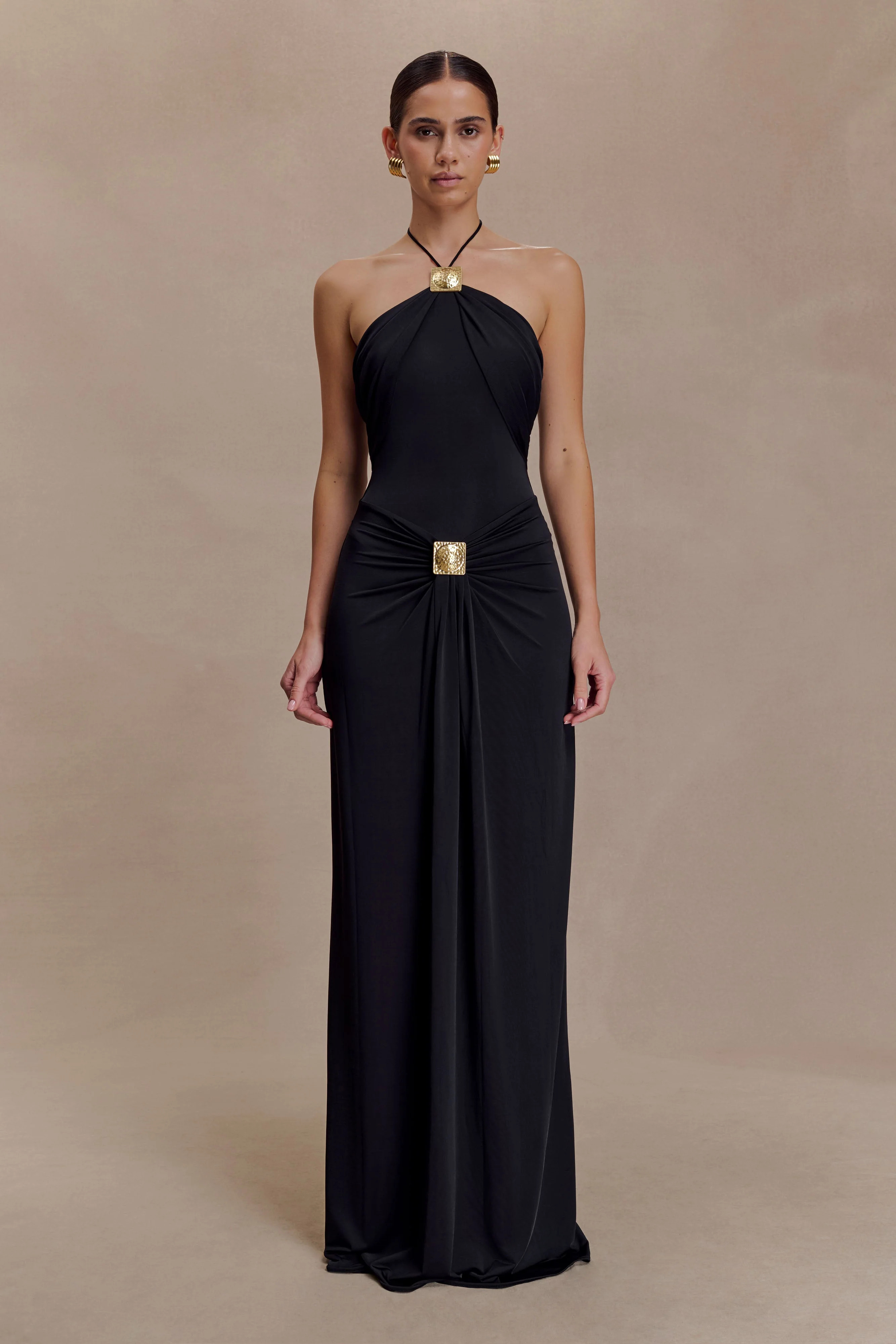 Quincy Halter Maxi Dress With Hardware - Black | MESHKI US