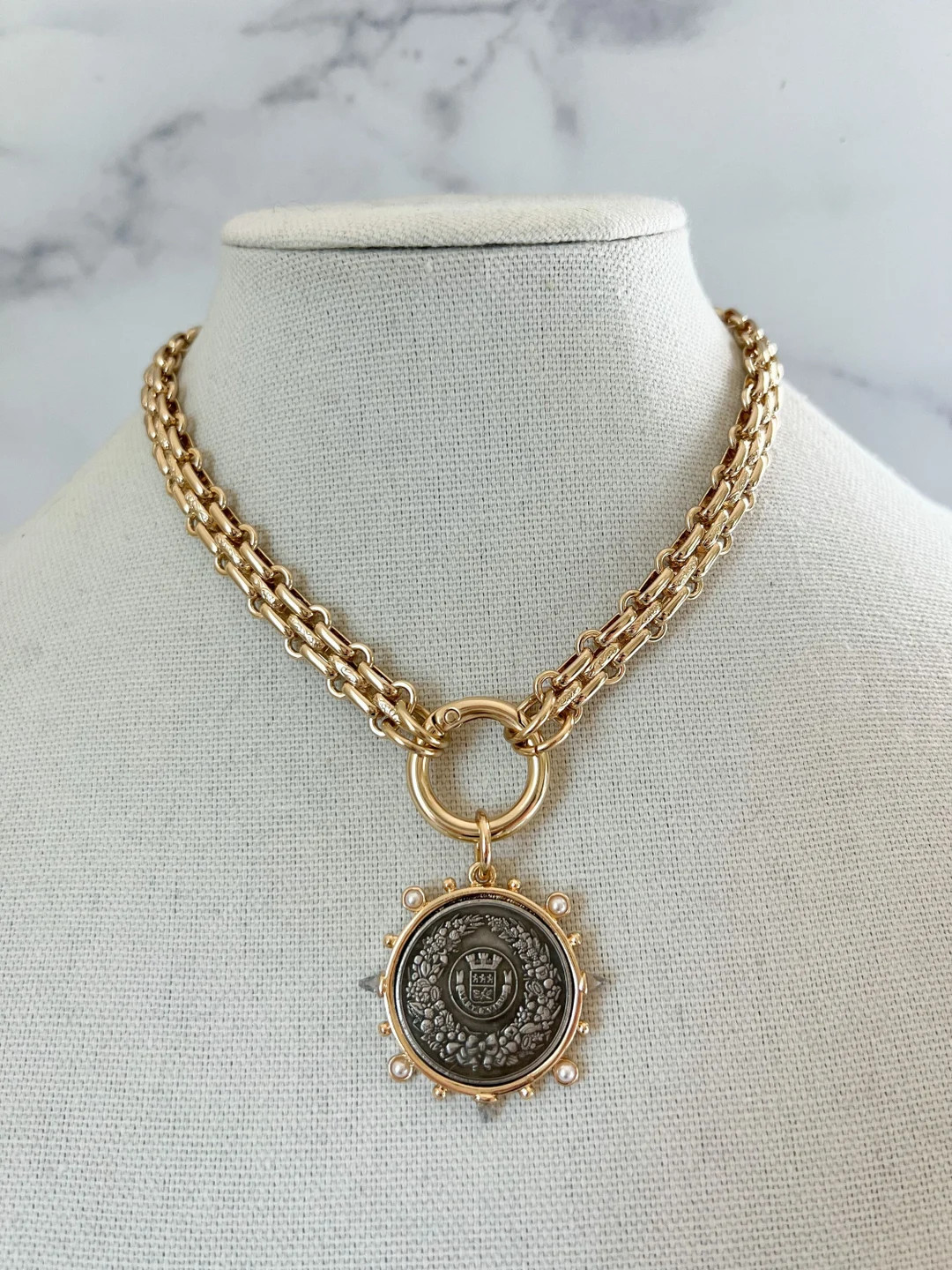 Gold Statement Necklace Gold Chunky Necklace Large Gold Coin Pendant XL Coin Pendant Gold Coin Ne... | Etsy (US)