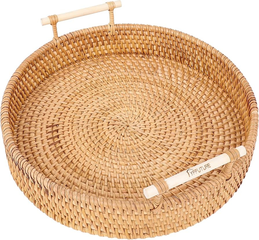 Rattan Serving Tray – 11.5-inch Round Serving Tray with Handles – Handmade Round Rattan Tray ... | Amazon (US)