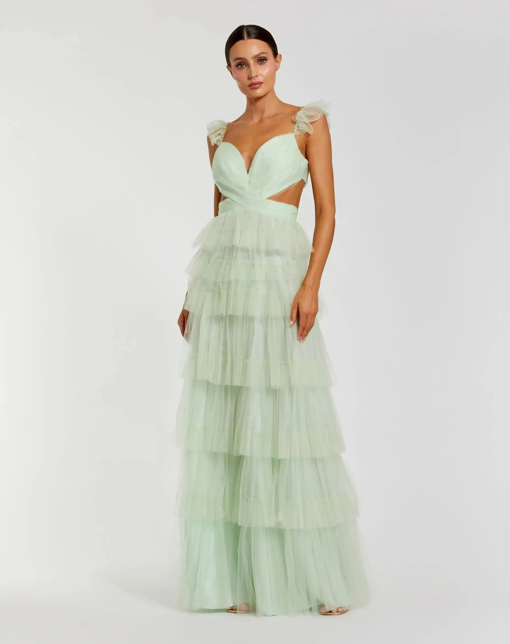 Mac Duggal - Green Ruffle Tiered Tulle Cut Out Gown - US 4 | Mac Duggal