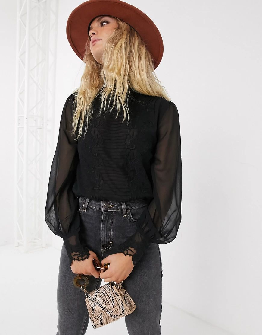 Topshop blouse with sheer sleeves in black | ASOS (Global)