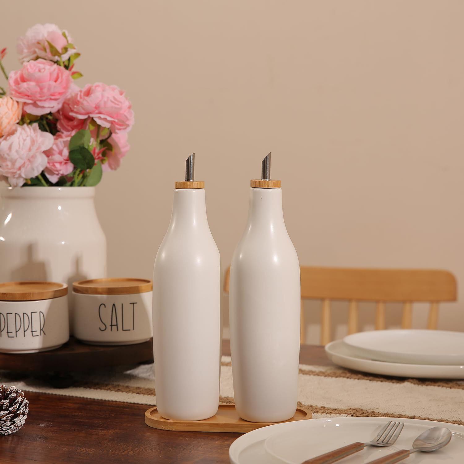 HOMCDALY Ceramic Olive Oil Dispenser for Kitchen, Stoneware 16oz Oil and Vinegar Bottles Dispense... | Amazon (US)