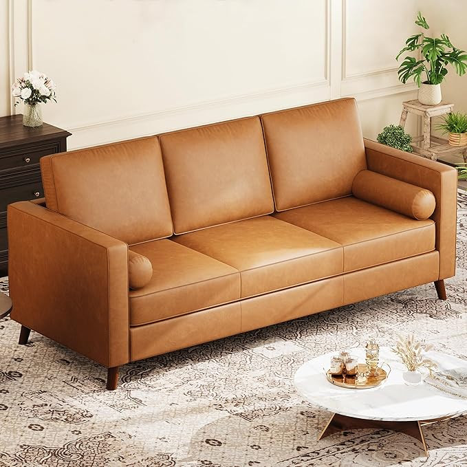 GarveeHome 86" Leather Sofa for Living Room, Mid-Century Modern Couch with Deep Seats, Brown Faux... | Amazon (US)