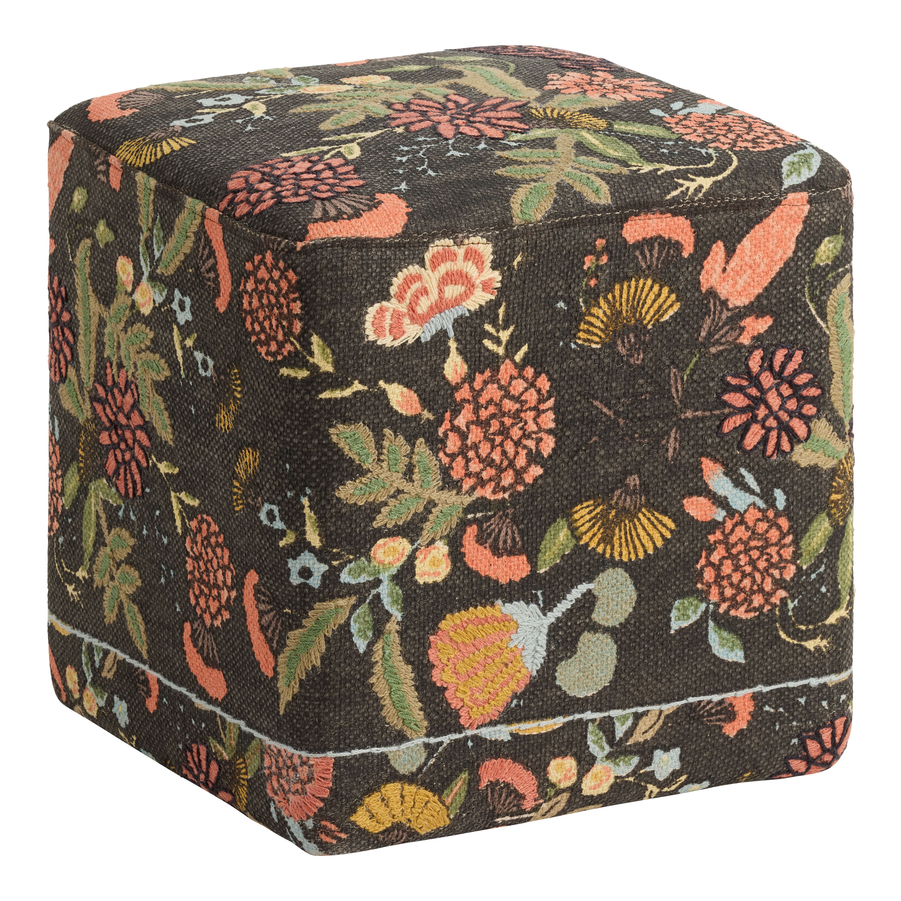 Jaipur Black and Sage Suzani Cotton Rug Cube Upholstered Ottoman | World Market