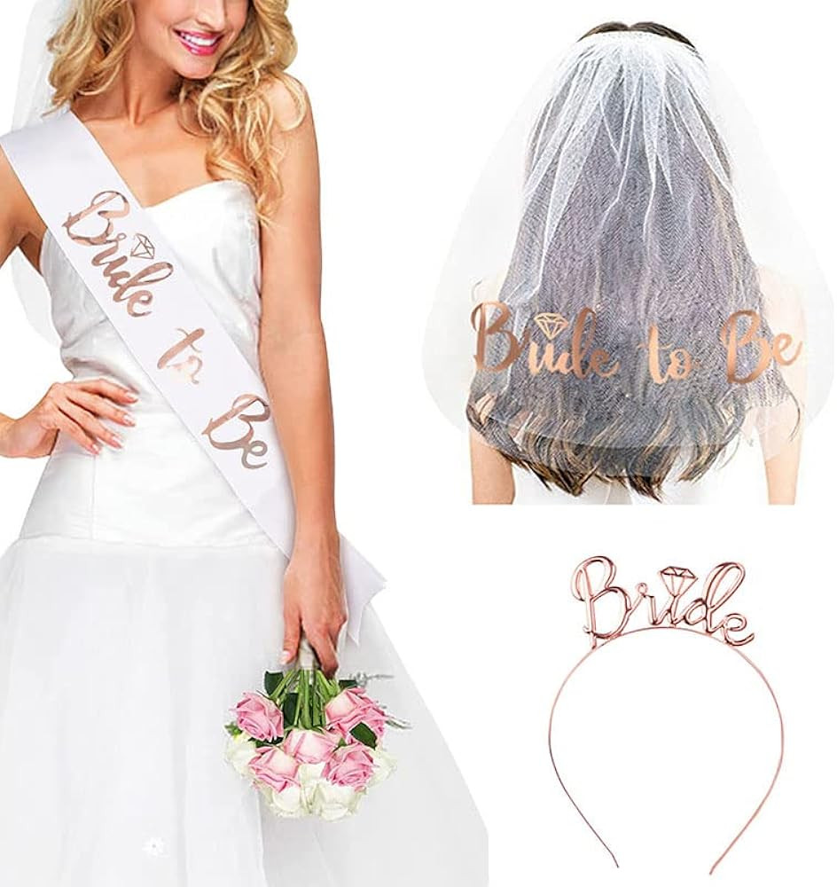 Bride to Be Set, 3pack Bride to Be Sash & Headband Tiara & Shoulder Length Veil Bachelorette Part... | Amazon (US)