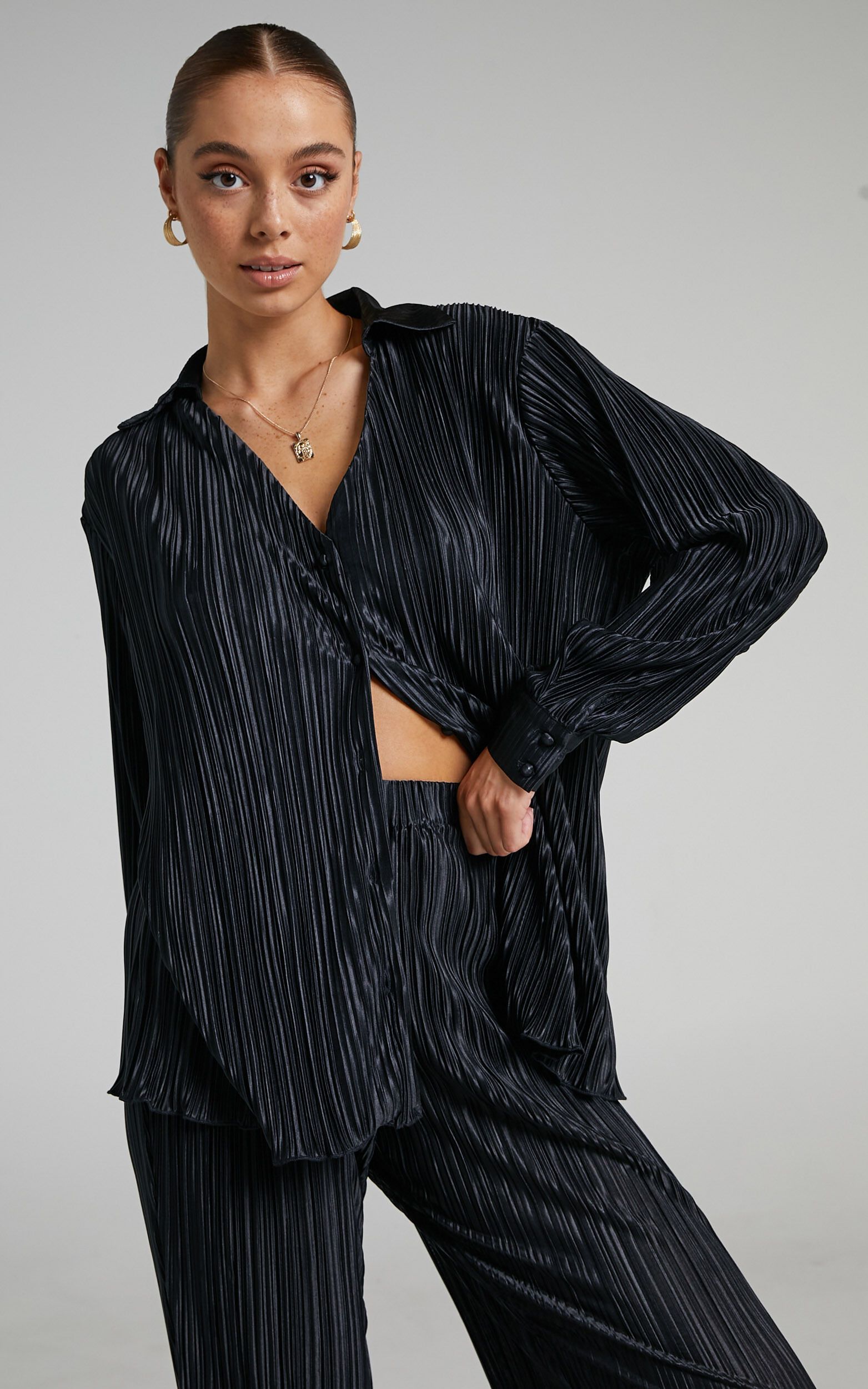Beca Plisse Button Up Shirt in Black | Showpo (US, UK & Europe)