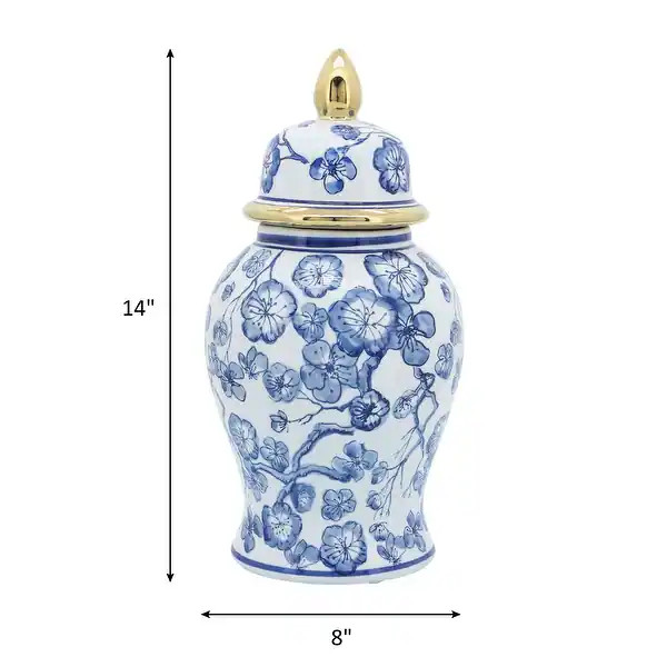 Sagebrook Home 14" Ceramic Temple Jar with Lid Contemporary Vintage Style Blue and White Chinoise... | Bed Bath & Beyond