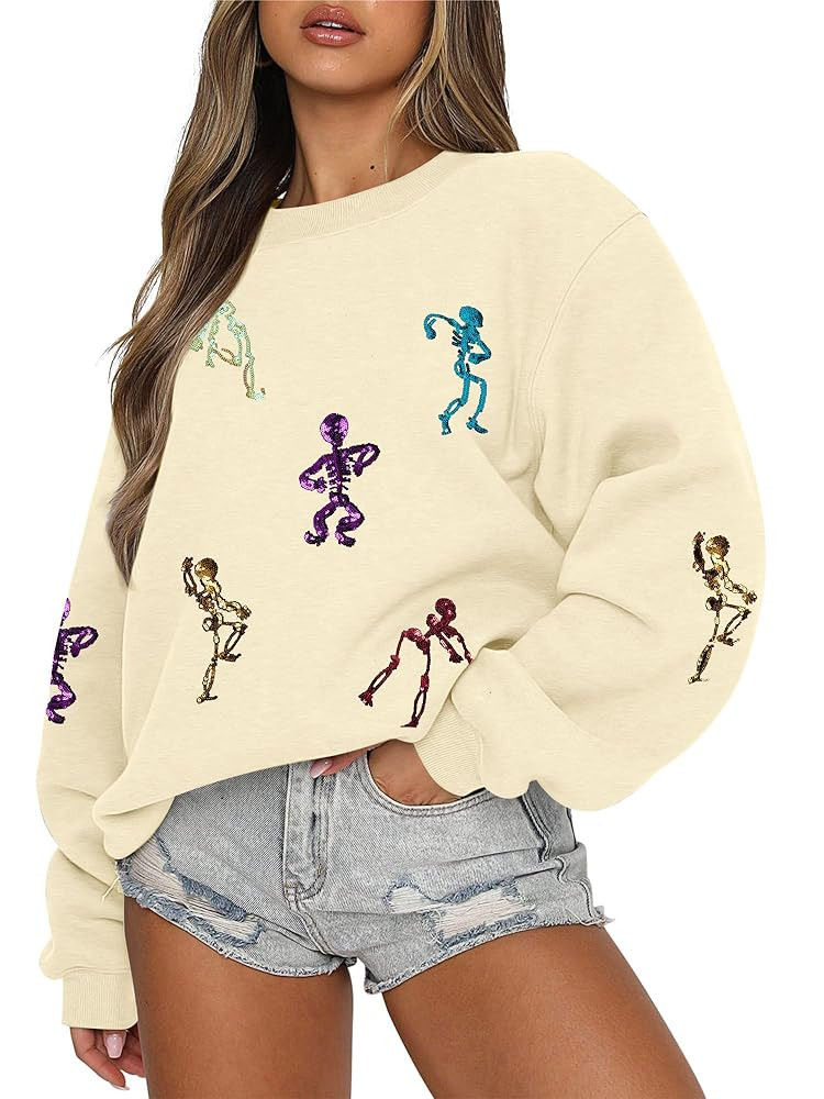 DUTUT Halloween Sweatshirt Women Skeleton Shirt: Sequin Dancing Skeleton Sweaters Spooky Season C... | Amazon (US)