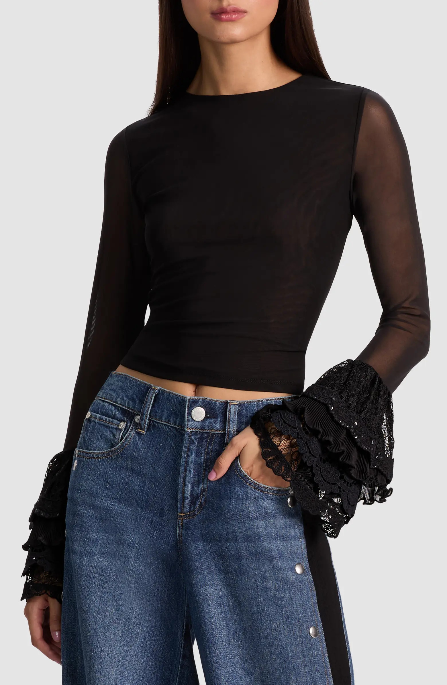 Alice + Olivia Delania Mesh Ruffle Cuff Top | Nordstrom | Nordstrom