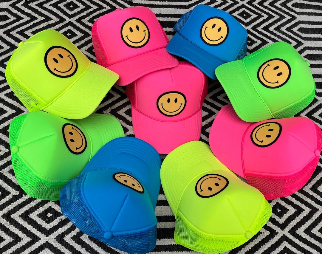 Neon Smiley Face Trucker Hat, smiley face trucker hat, smiley face, smiley face hat, trucker hat,... | Etsy (US)
