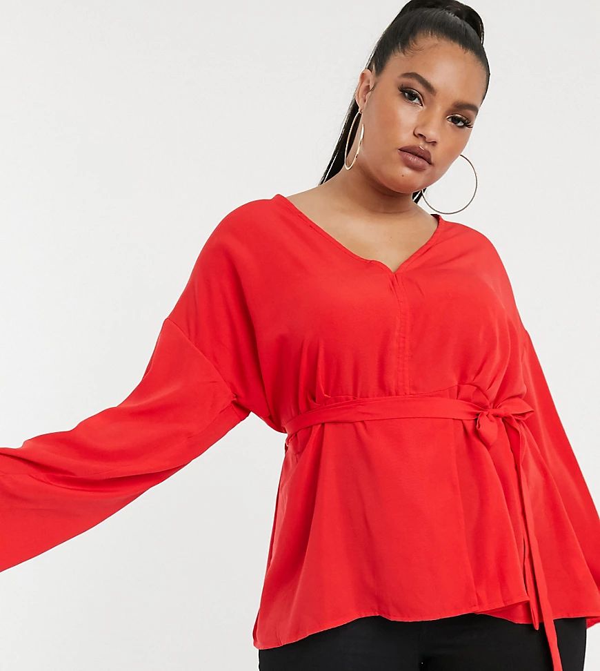 Boohoo Plus plunge blouse with tie waist in red | ASOS (Global)