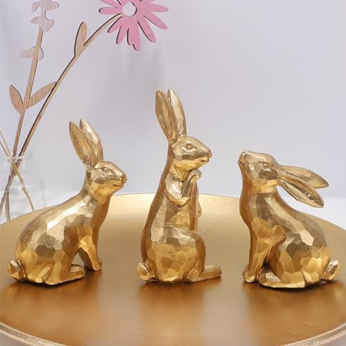 Glintoper 3 Pack Easter Bunny Figurines Decor, Mini Resin Golden Bunnies Spring Sculpture Tabletop Ornament, Rabbits Festival Present for Garden Home Table Office Dining Room Mantle Party Supplies | Amazon (US)