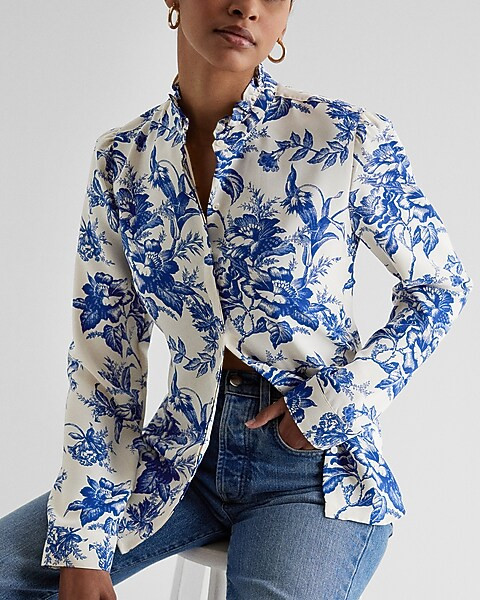 Floral Ruffle Neck Relaxed Portofino Shirt | Express
