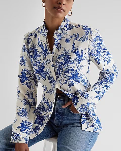 Floral Ruffle Neck Relaxed Portofino Shirt | Express