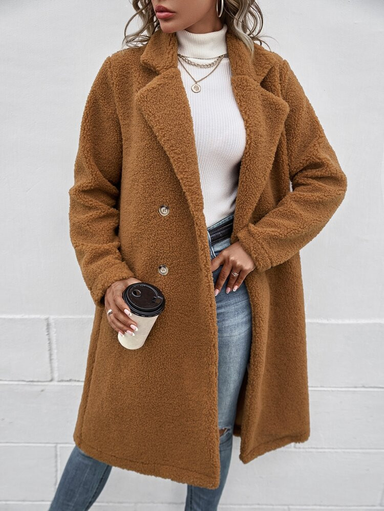 Lapel Neck Double Breasted Teddy Coat | SHEIN