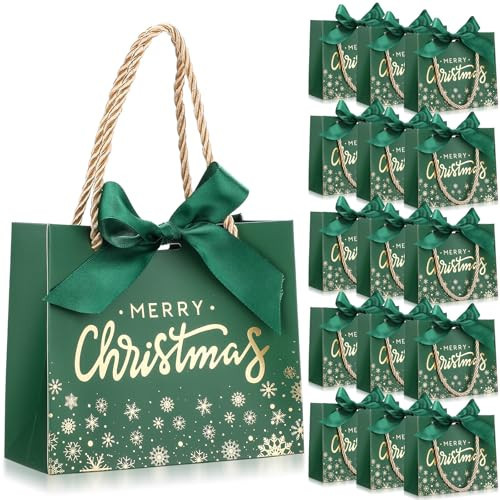 Tenceur 40 Pack Mini Christmas Gift Bags with Ribbon 5.5 x 2.4 x 4.7 Inch Small Christmas Goodies Bags Mini Xmas Candy Snack Packing with Handle for Xmas Holiday Wrapping Party Favor(Green and Gold) | Amazon (US)